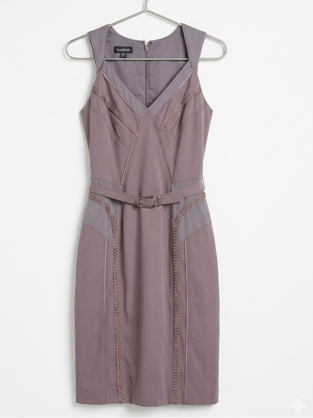 Bebe gray  Sleeveless Sheath Dress with Belted Waist and silver braided accents